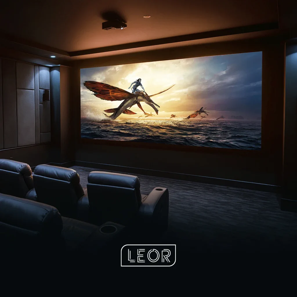 Leor 1.2 Carbon Black Projection Screen with a slim border design, ideal for high-contrast and sharp visuals.