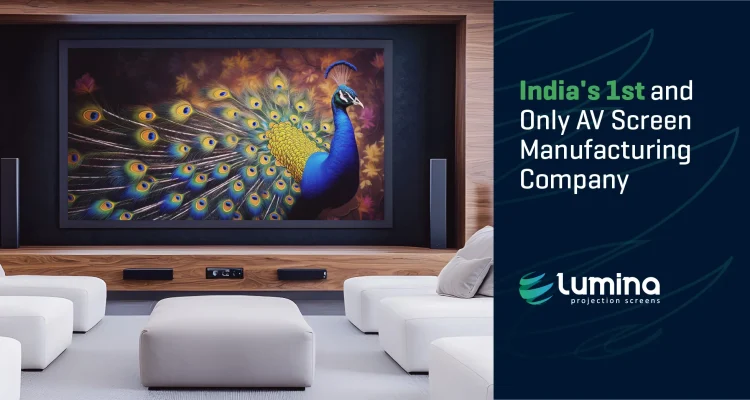 Modern home theater with Lumina Screens AV screen and vibrant peacock display, showcasing advanced technology.