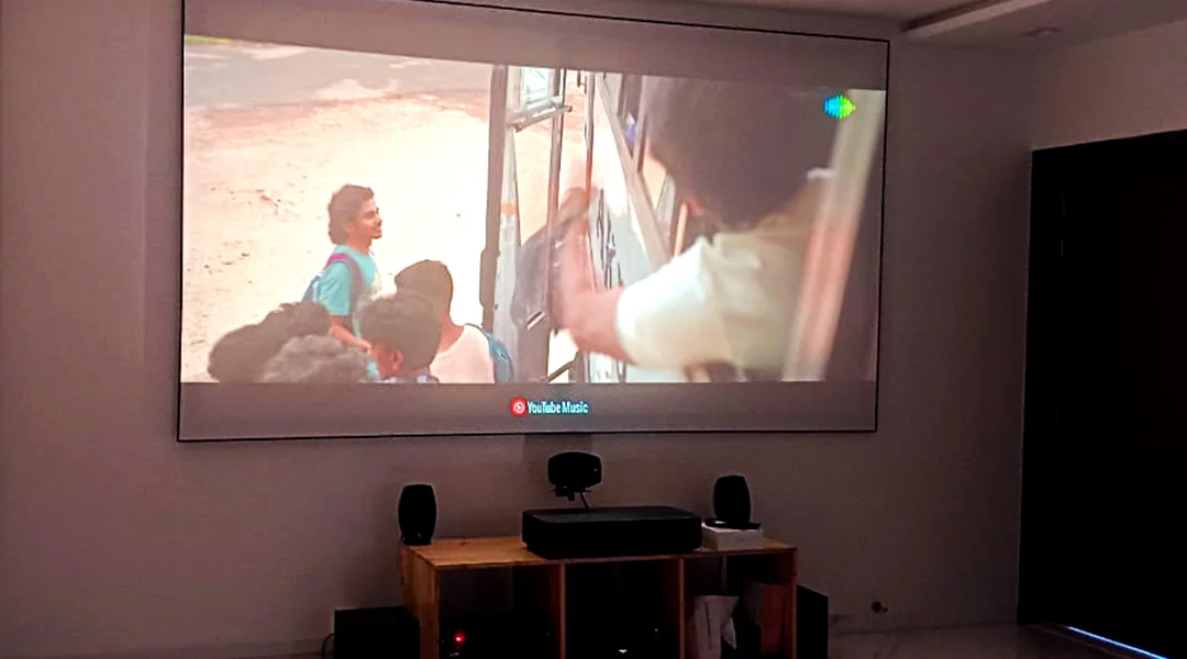 Completed project by Lumina Screens showcasing a high-performance AV screen installed in a modern home theater setup