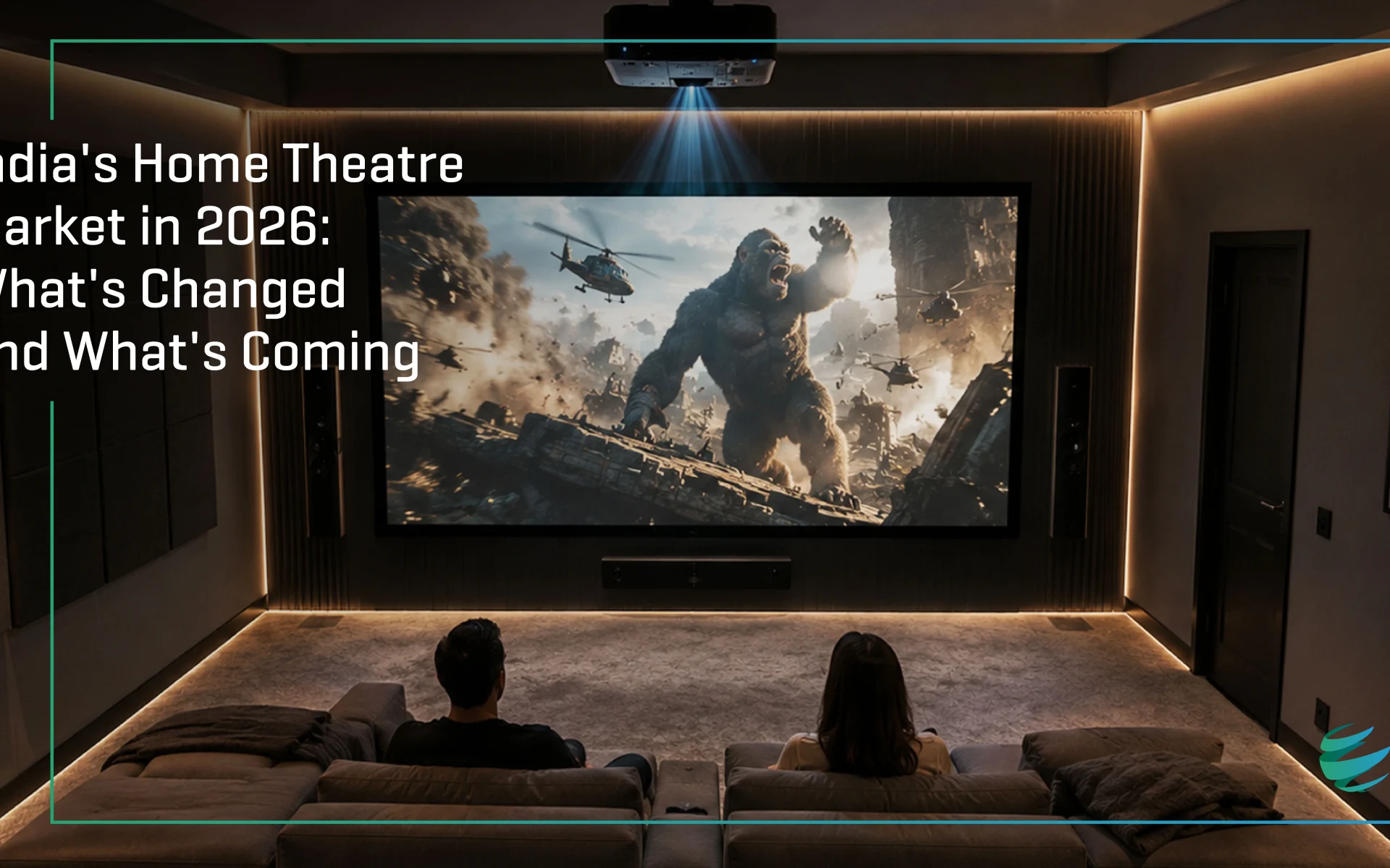 Indian family watching a movie on a large projector screen in a home theatre setup, 2026