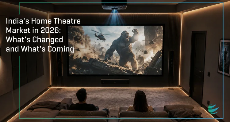 Indian family watching a movie on a large projector screen in a home theatre setup, 2026