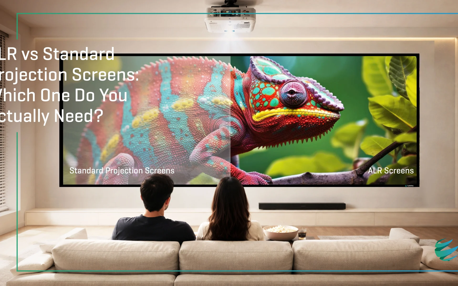 Side-by-side comparison of ALR screen vs standard matte white screen in a bright living room
