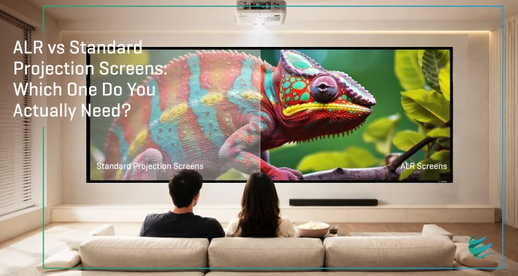 Side-by-side comparison of ALR screen vs standard matte white screen in a bright living room